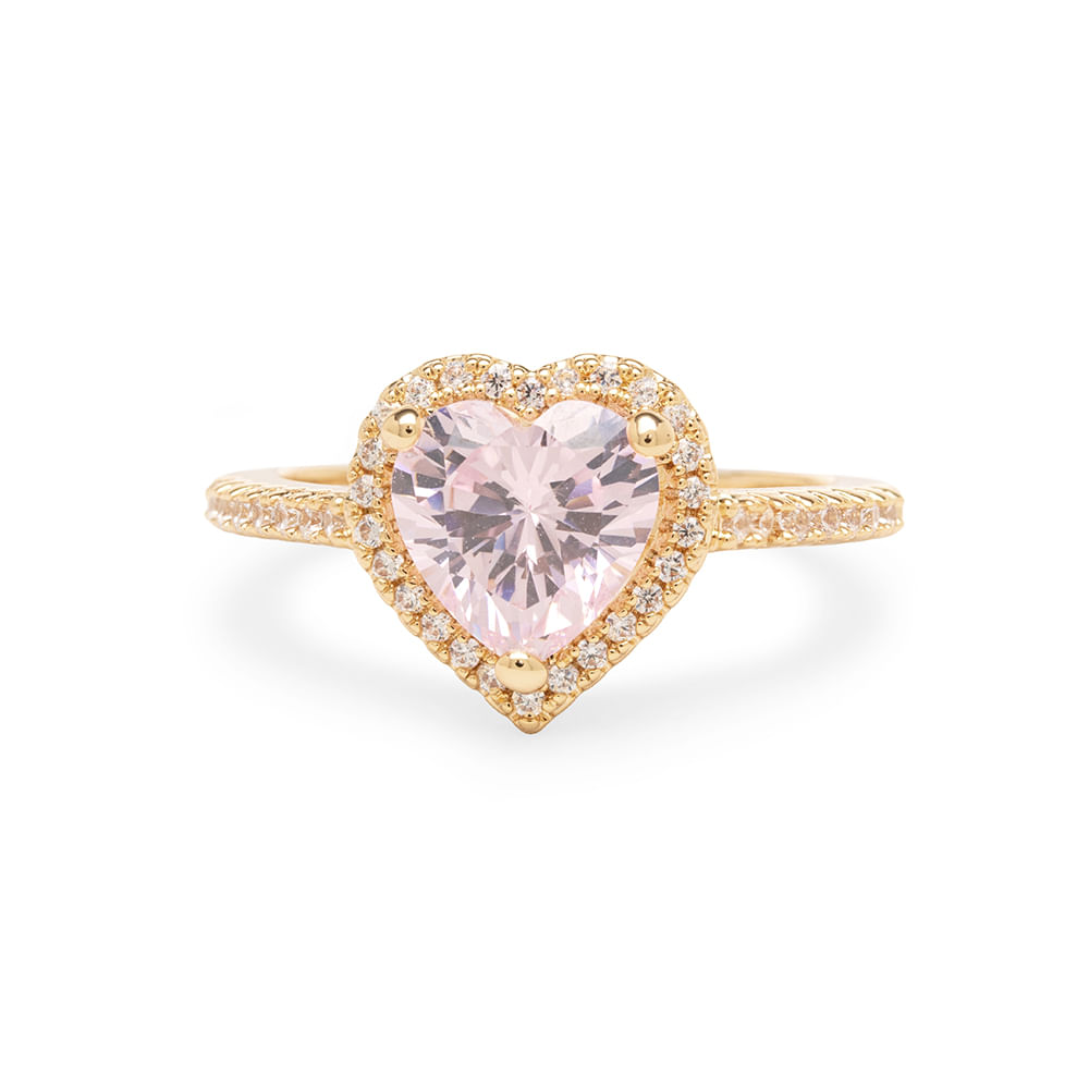 Anel Coração Cristal Light Pink e Zircônias Brancas - Banho de Ouro 18k